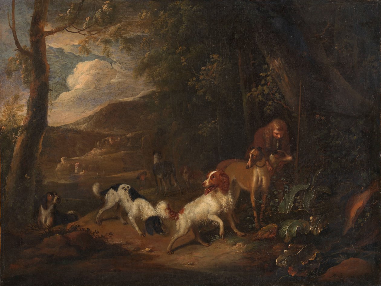 Caçador com cães à beira de uma floresta de Adriaen Cornelisz Beeldemaker