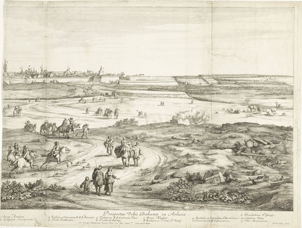 Vista de Bethune (folha direita) Veuë de la Ville de Bethune en Artois (título no objeto) de Adriaen Frans Boudewyns