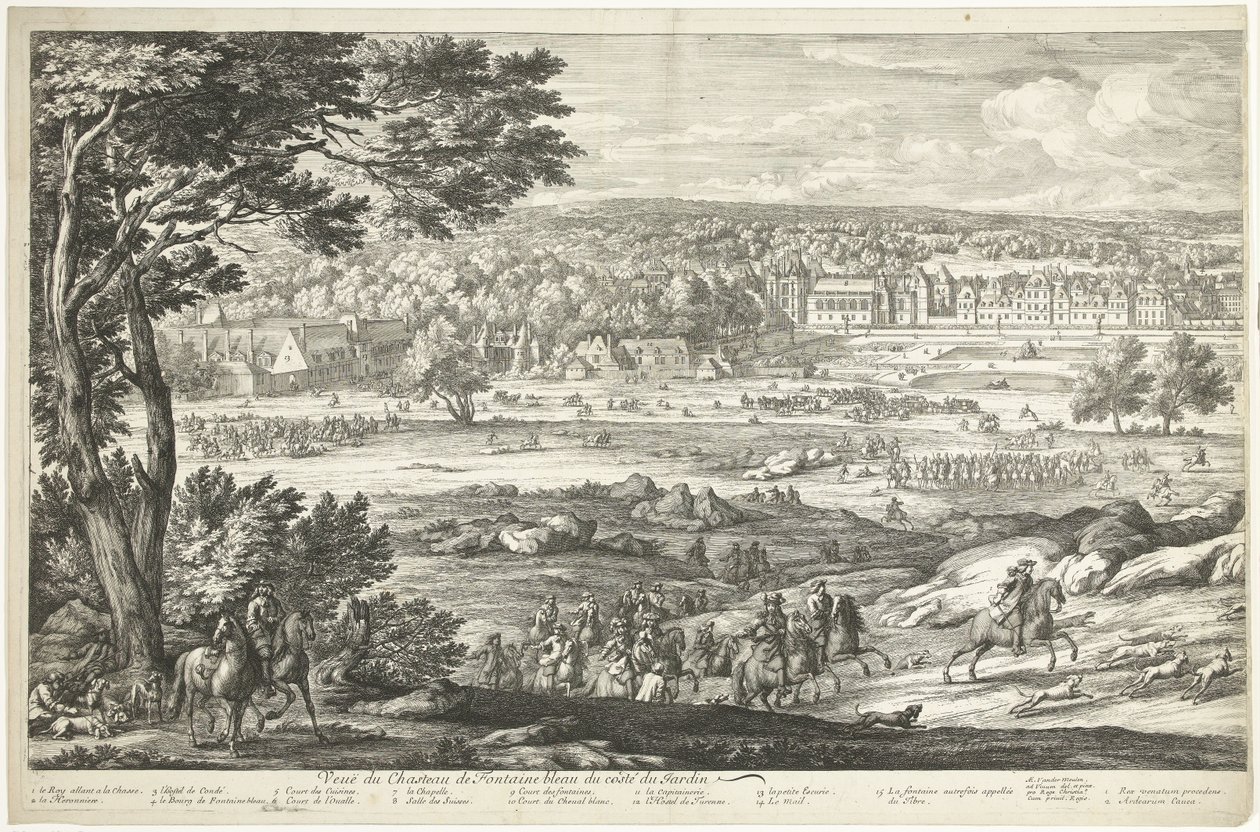 Vista do castelo de Fontainebleau (página da esquerda)
Veuë du Chasteau de Fontainebleau du costé du Jardin (título sobre o objecto) de Adriaen Frans Boudewyns