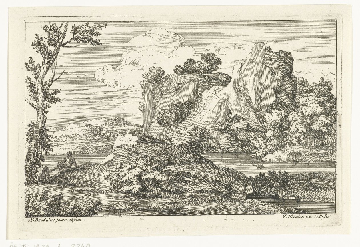 Paisagem com grande rocha perto de um rio de Adriaen Frans Boudewyns