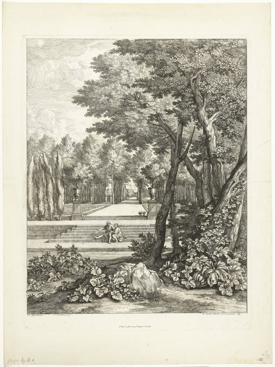 Paisagem com casal sentado em escadas no jardim de Adriaen Frans Boudewyns