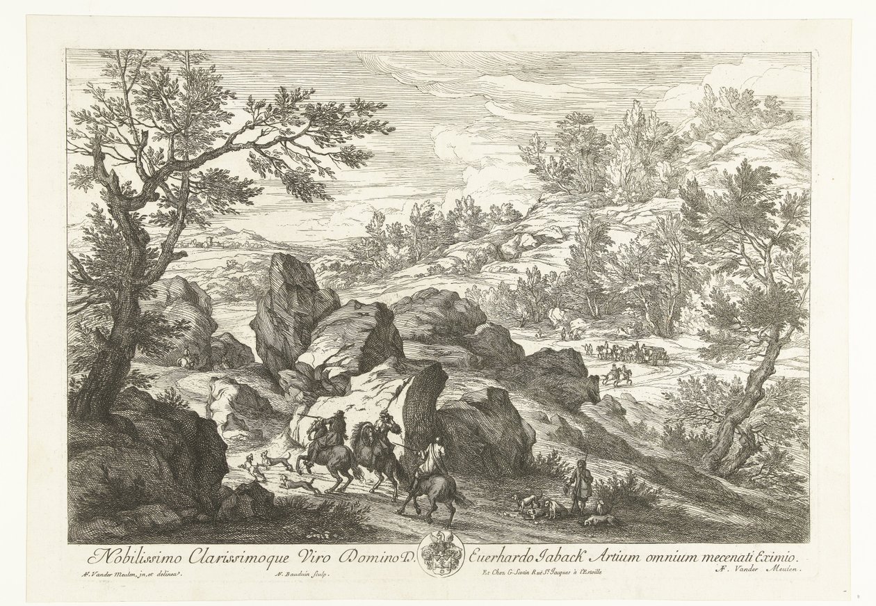 Paisagem com cavaleiros em um afloramento rochoso Paisagens com caçadores (título da série) de Adriaen Frans Boudewyns