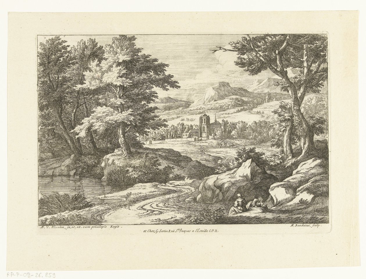 Paisagem com duas figuras ao longo de uma estrada, uma igreja ao longe de Adriaen Frans Boudewyns