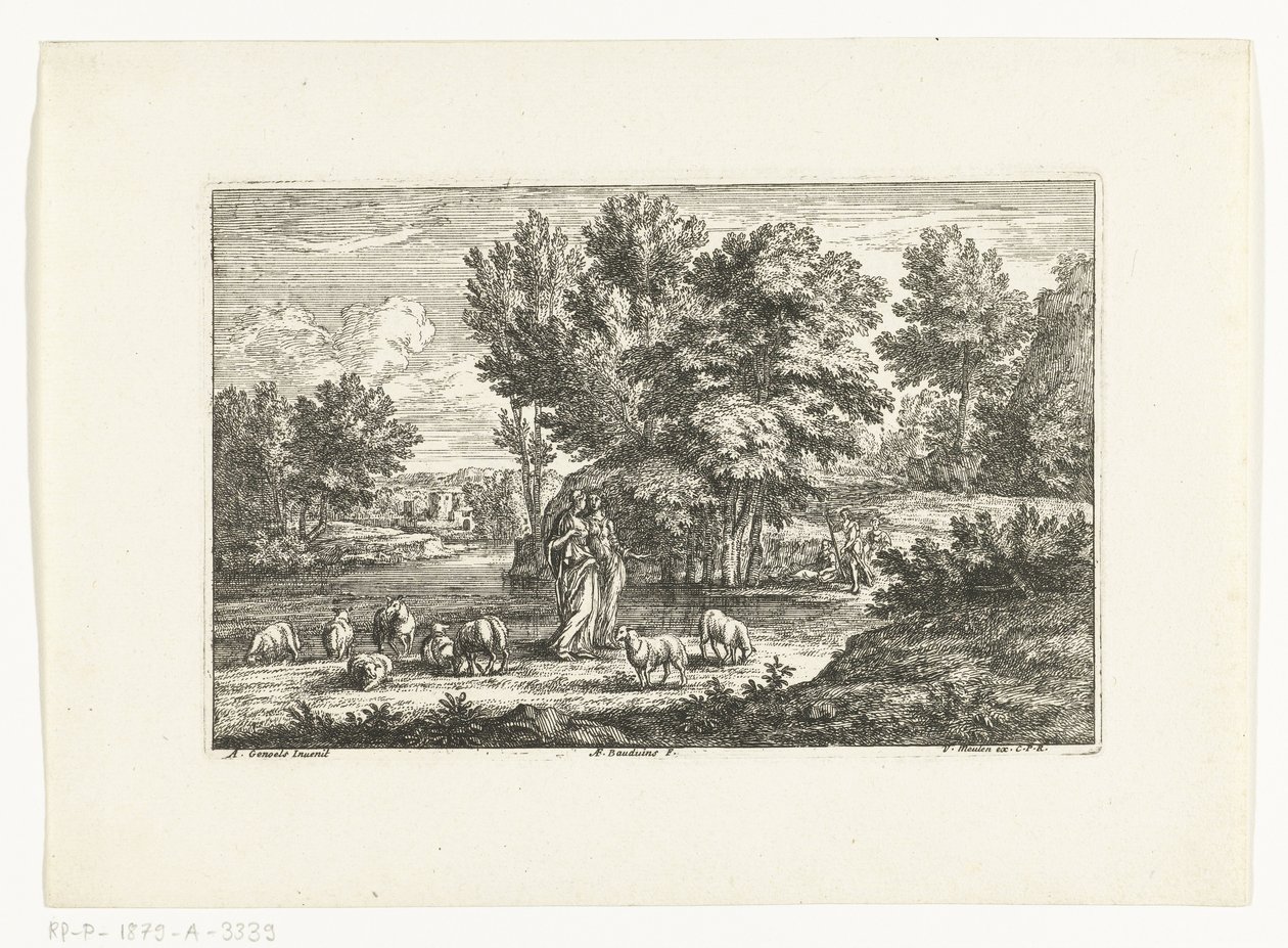 Paisagem com duas pastoras à beira de uma água de Adriaen Frans Boudewyns