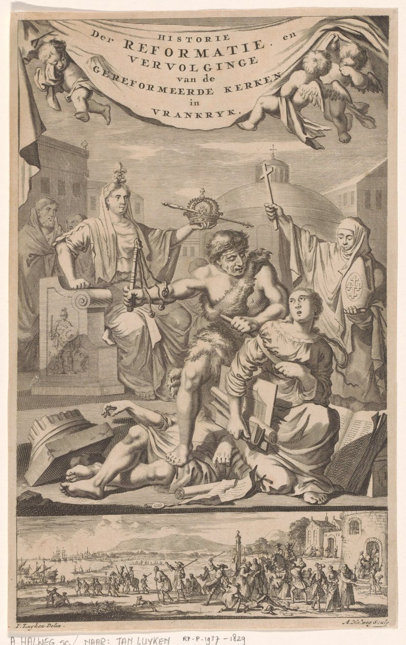 Igreja Reformada Francesa atacada por homem com flagelo Página de título para: E. Benoist, História das Igrejas Reformadas de Vrankrijk, 1696 de Adriaen Haelwegh