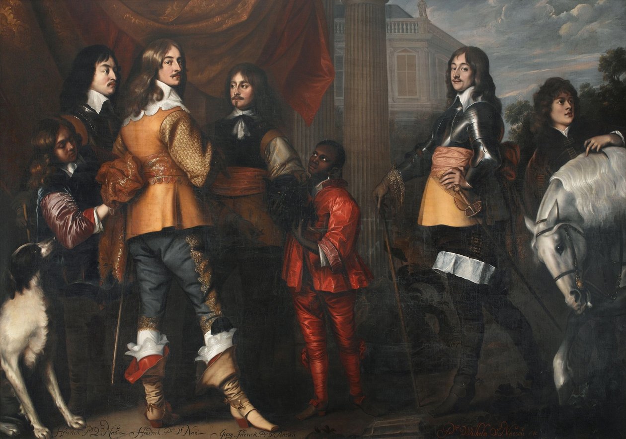 Retrato de grupo de Willem Frederik van Nassau-Dietz (1613-1664), Hendrik Casimir I van Nassau-Dietz (1612-1640), Hendrik van Nassau-Siegen (1611-1652) e George Frederik van Nassau-Siegen (1606-1674), com criados de Adriaen Hanneman