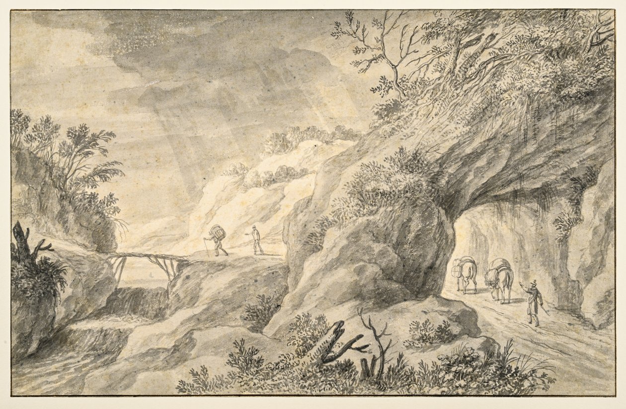 Paisagem rochosa com estrada de Adriaen I van Nieulandt