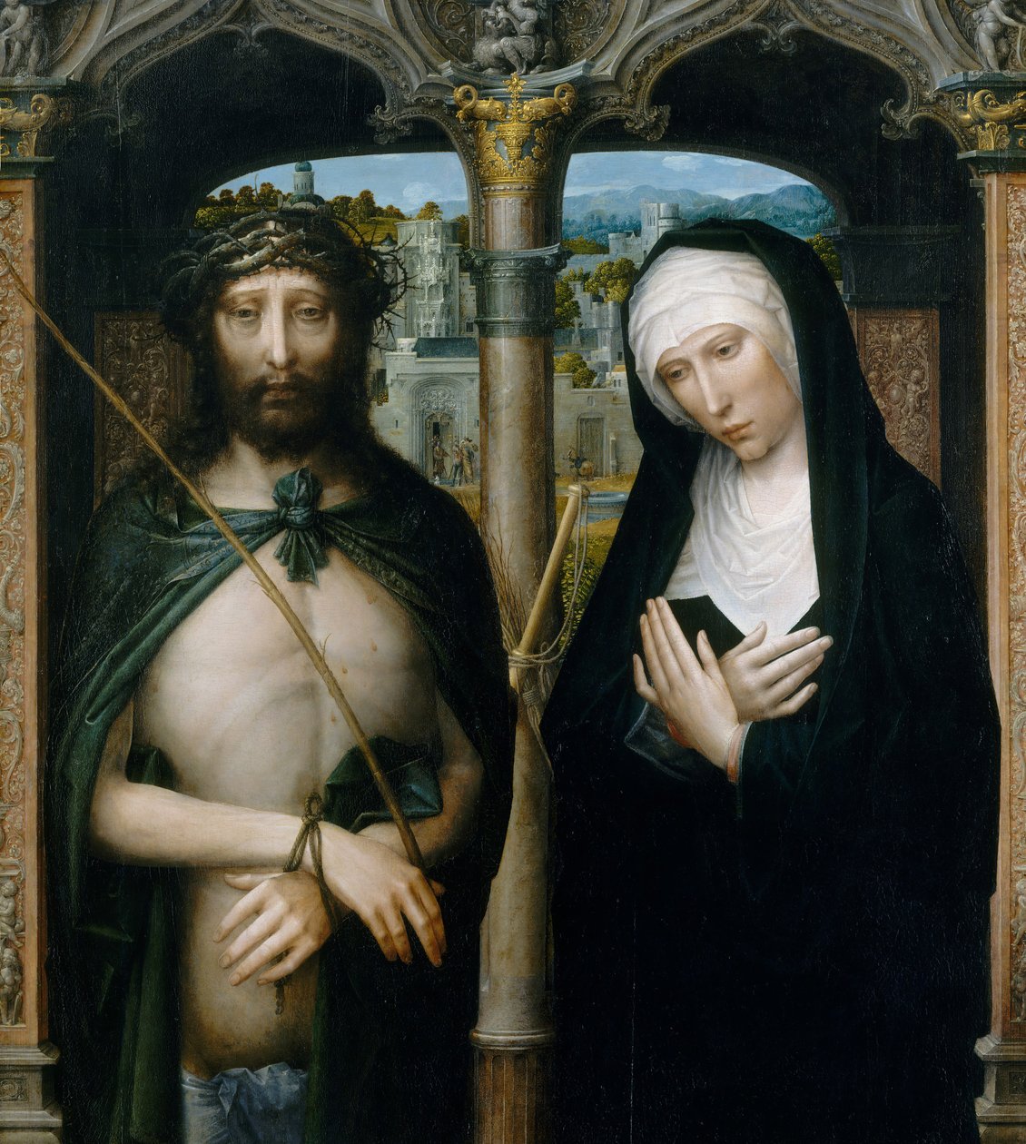 Cristo coroado de espinhos Ecce Homo, e a Virgem de luto, ca. 1530-40. de Adriaen Isenbrandt
