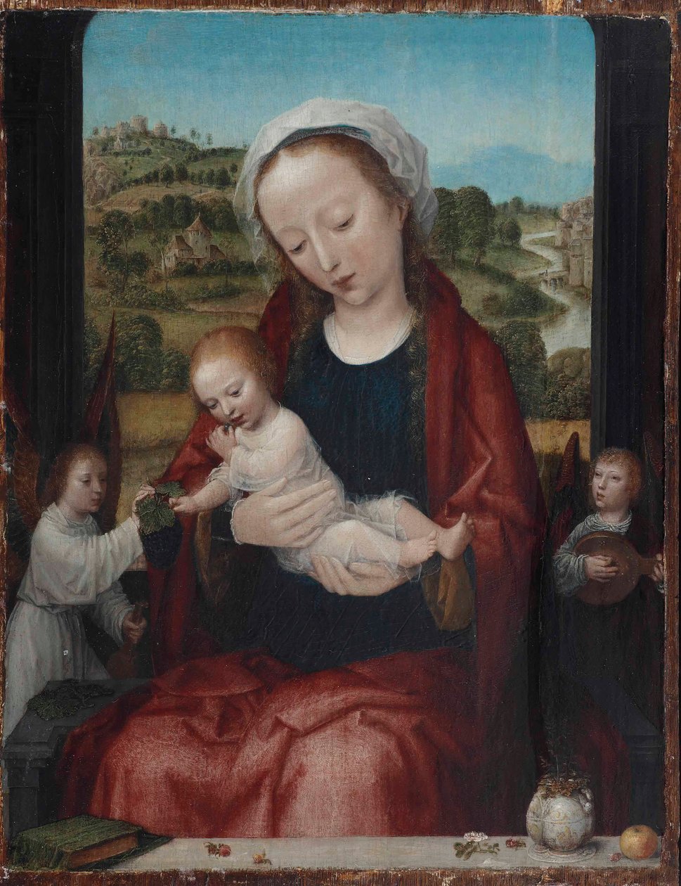 A Virgem e o Menino entronizados, assistidos por anjos, diante de uma janela aberta de Adriaen Isenbrandt