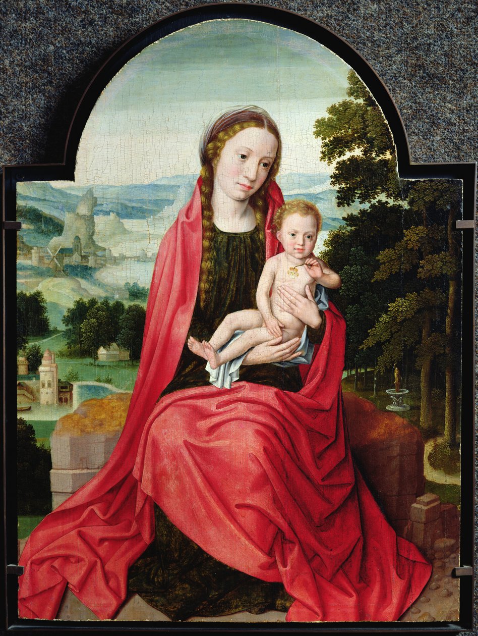 Virgem com o Menino Jesus Segurando um Amor Perfeito de Adriaen Isenbrandt or Isenbrant