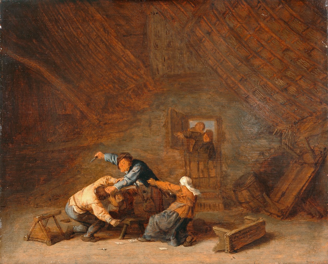 Interior de um celeiro com dois camponeses a lutar de Adriaen Jansz. van (attr. to) Ostade