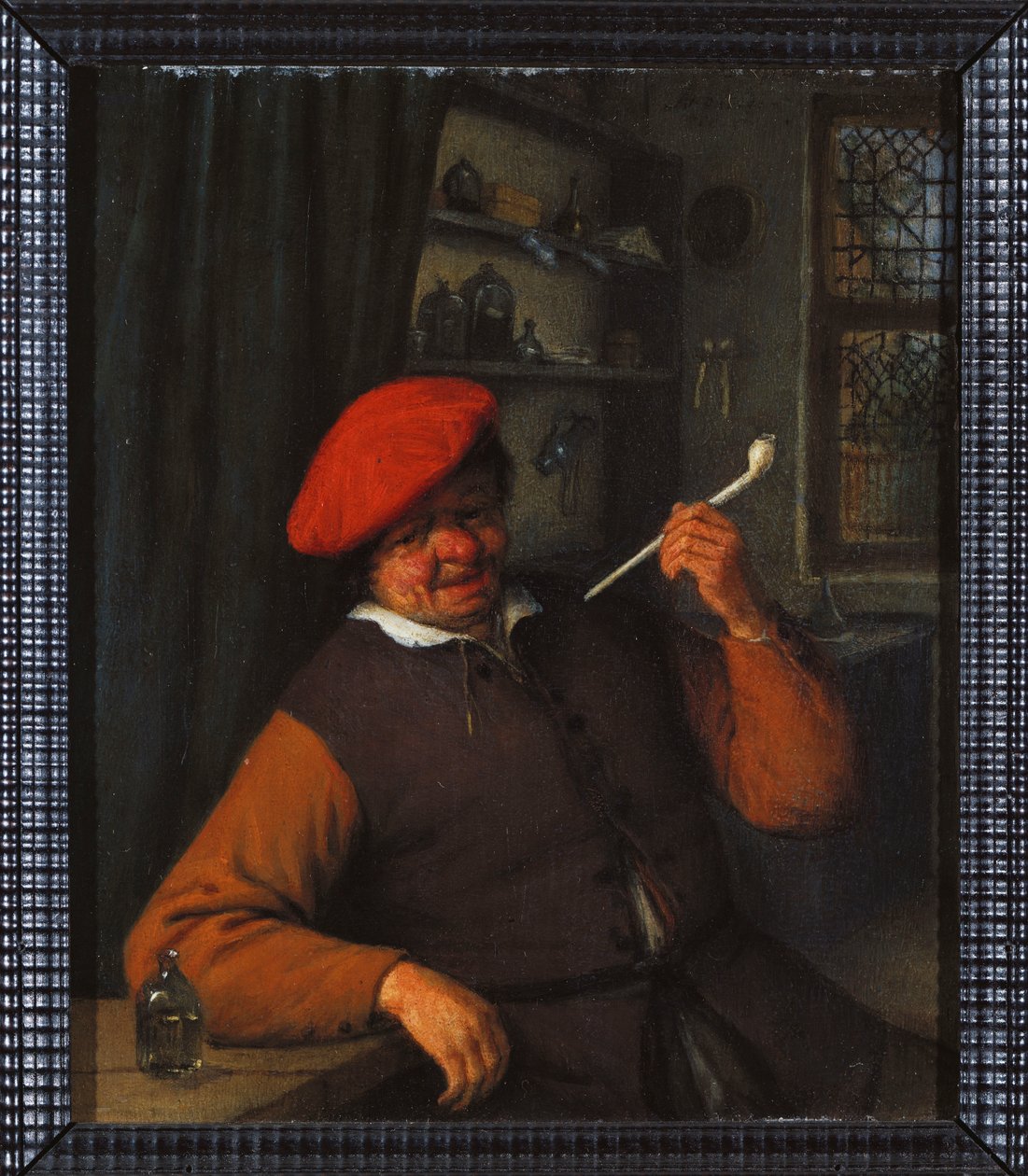 Um camponês de boina vermelha fumando cachimbo, no interior de Adriaen Jansz. van Ostade
