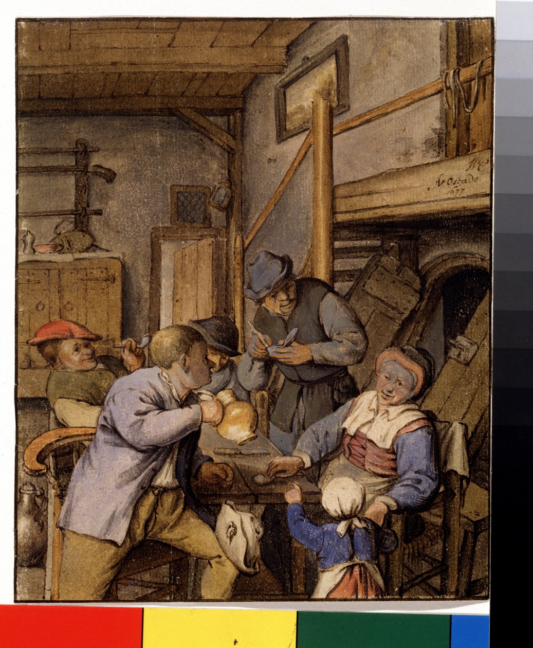 Numa taverna. Camponeses a fumar e a beber numa mesa em frente à entrada de uma adega. Pintura de Adriaen Jansz Van Ostade (1610-1685), ca. 1667. Pintura holandesa. Lápis, pincel e aguarela sobre papel. Museu Pushkin, Moscovo de Adriaen Jansz. van Ostade