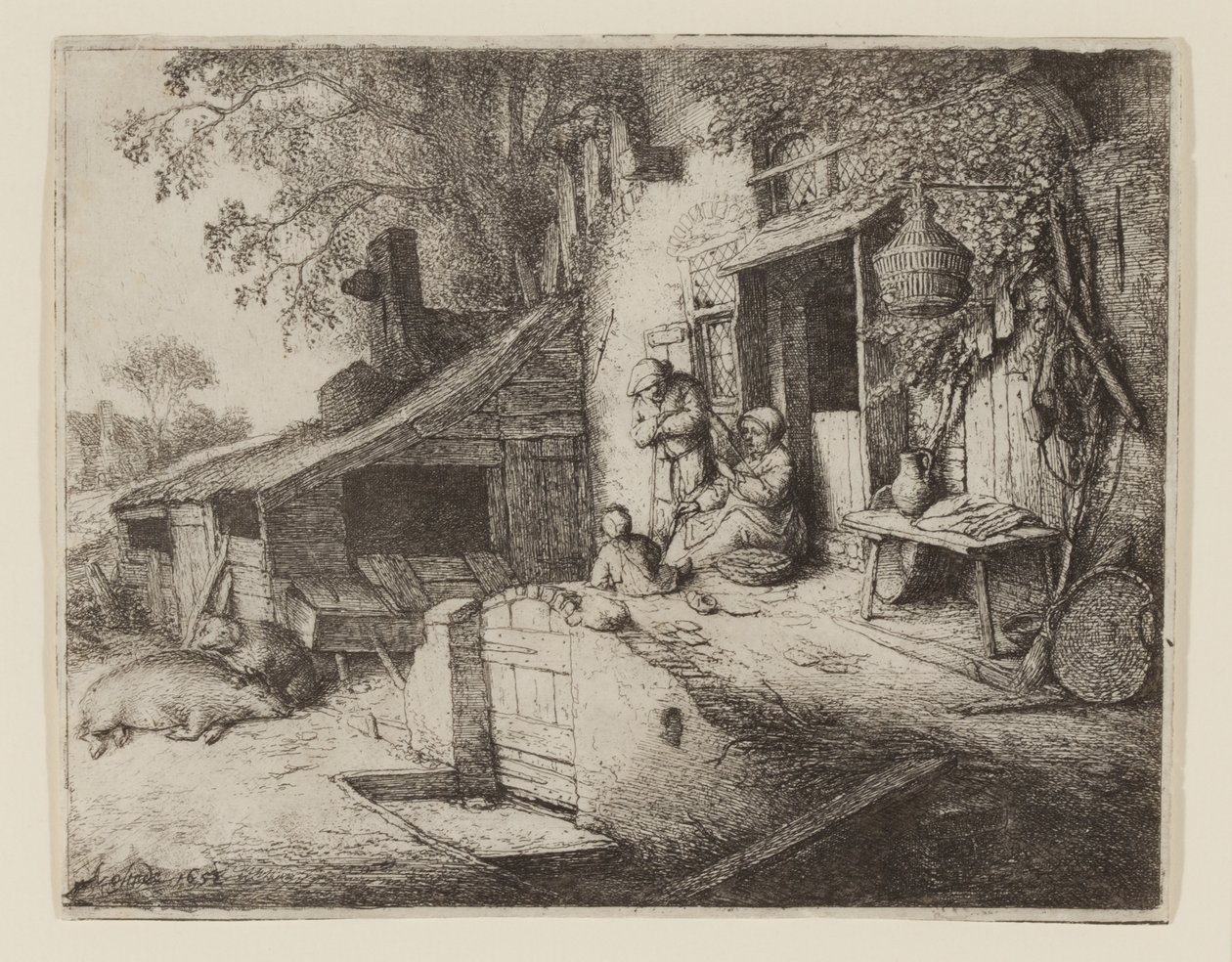 Junto à porta da casa de campo - The Spinner de Adriaen Jansz. van Ostade