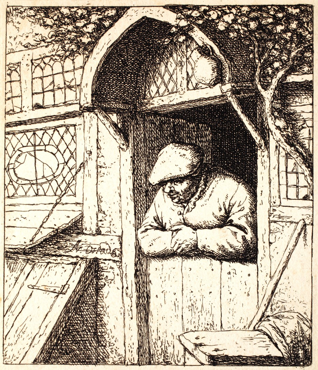 Homem encostado em sua porta, c.1672 (gravura) de Adriaen Jansz. van Ostade