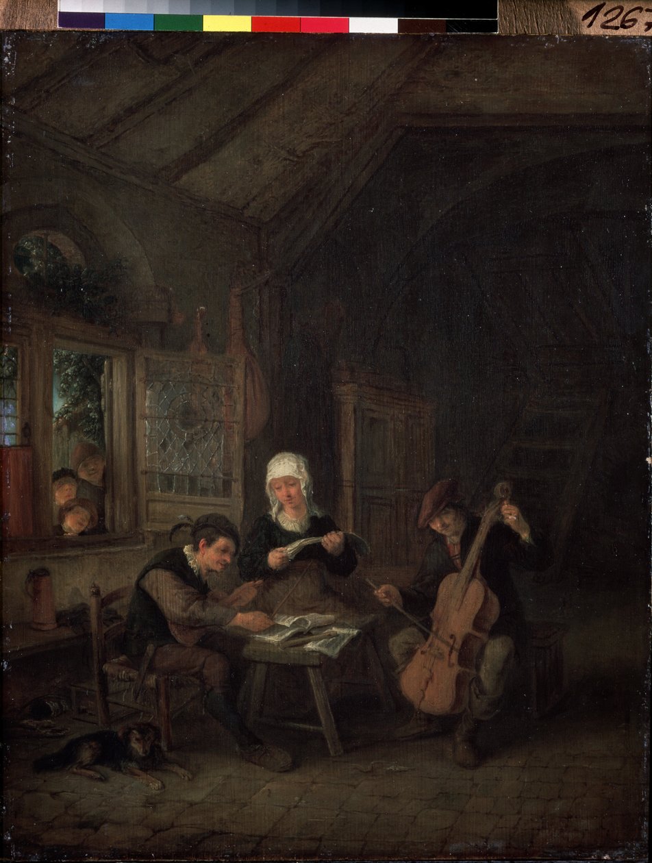 Músicos da Vila (Músicos Rurais). Violinista e violoncelista tocando em uma casa. Pintura de Adriaen Jansz Van Ostade (1610-1685) de Adriaen Jansz. van Ostade