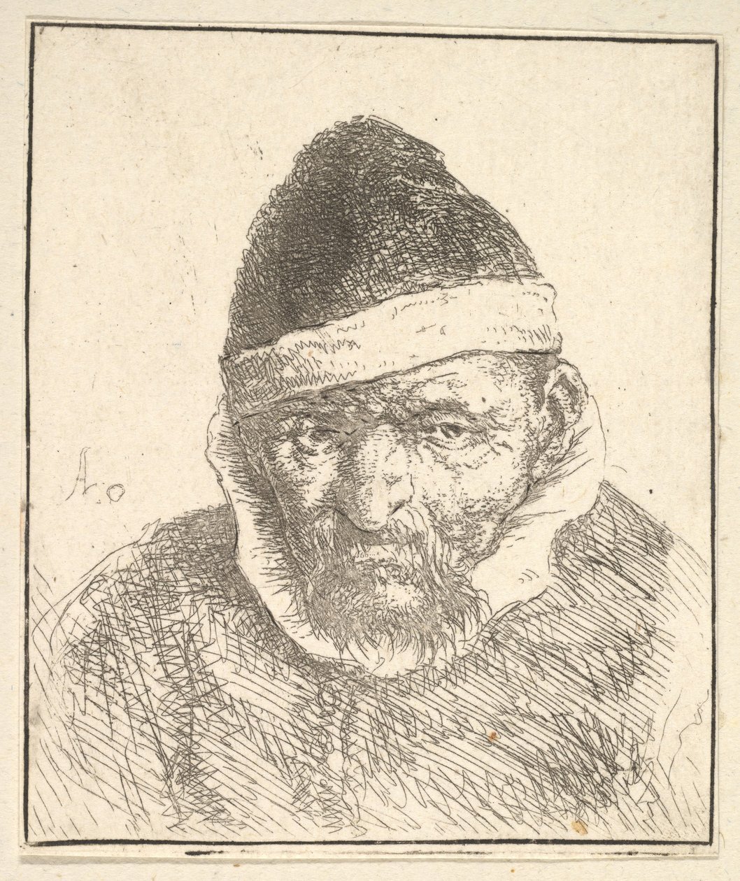 Ancião com colarinho branco e chapéu pontiagudo, 1610-85. de Adriaen Jansz. van Ostade