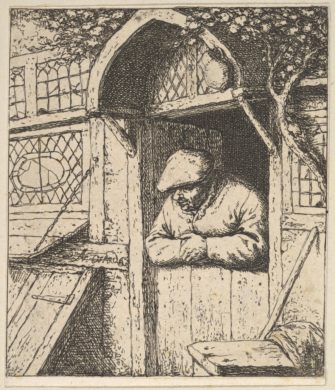 Camponês, apoiando-se na porta, 1610-85. de Adriaen Jansz. van Ostade