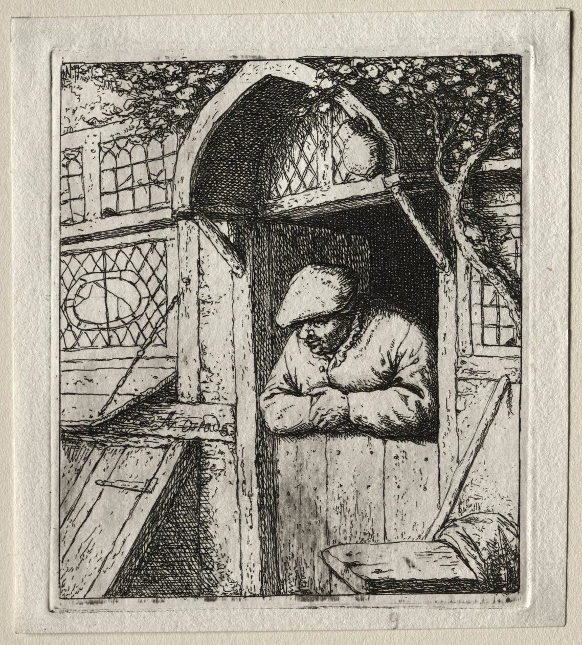 Camponês encostado na porta. de Adriaen Jansz. van Ostade