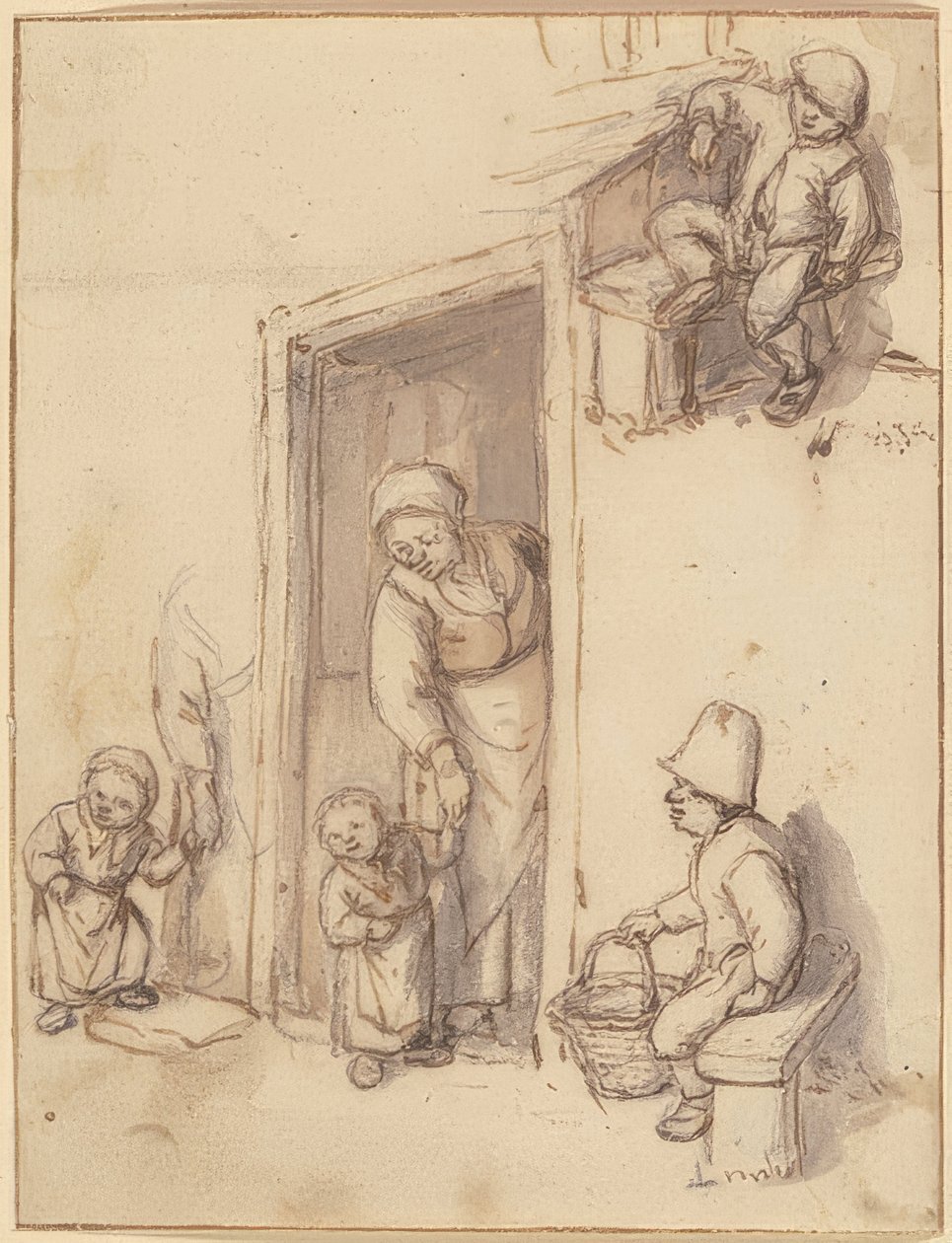 Folha de estudo com uma mãe e sua filha na porta da frente, dois meninos sentados. 1660s de Adriaen Jansz. van Ostade