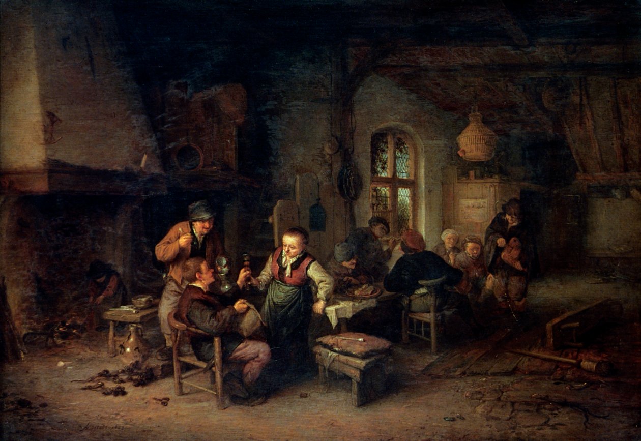 O interior de uma pousada com nove camponeses e um jogador Hurdy-Gurdy, 1653. de Adriaen Jansz. van Ostade
