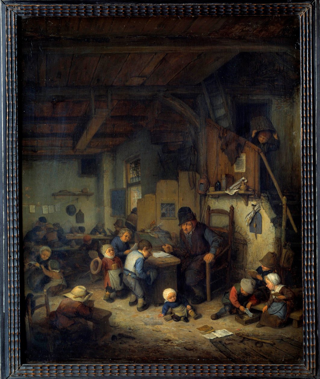 O mestre da aula de Cena da escola, um antigo professor com alunos pequenos de origens favoritas. Pintura de Adrien van Ostade (1610-1685) 1662 Sol. 0,4x0,32 m de Adriaen Jansz. van Ostade