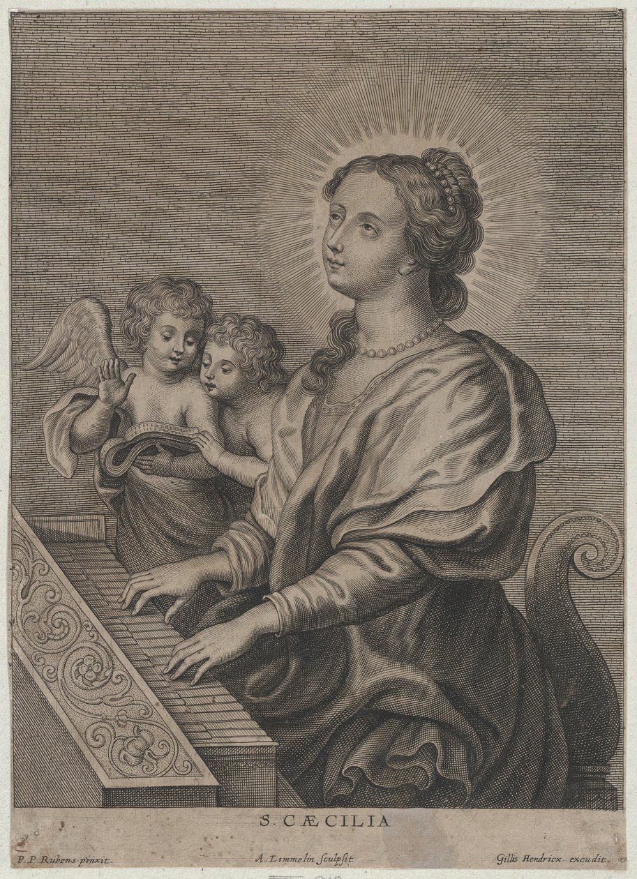 Santa Cecília tocando órgão com dois putti à esquerda, ca. 1654-77. de Adriaen Lommelin