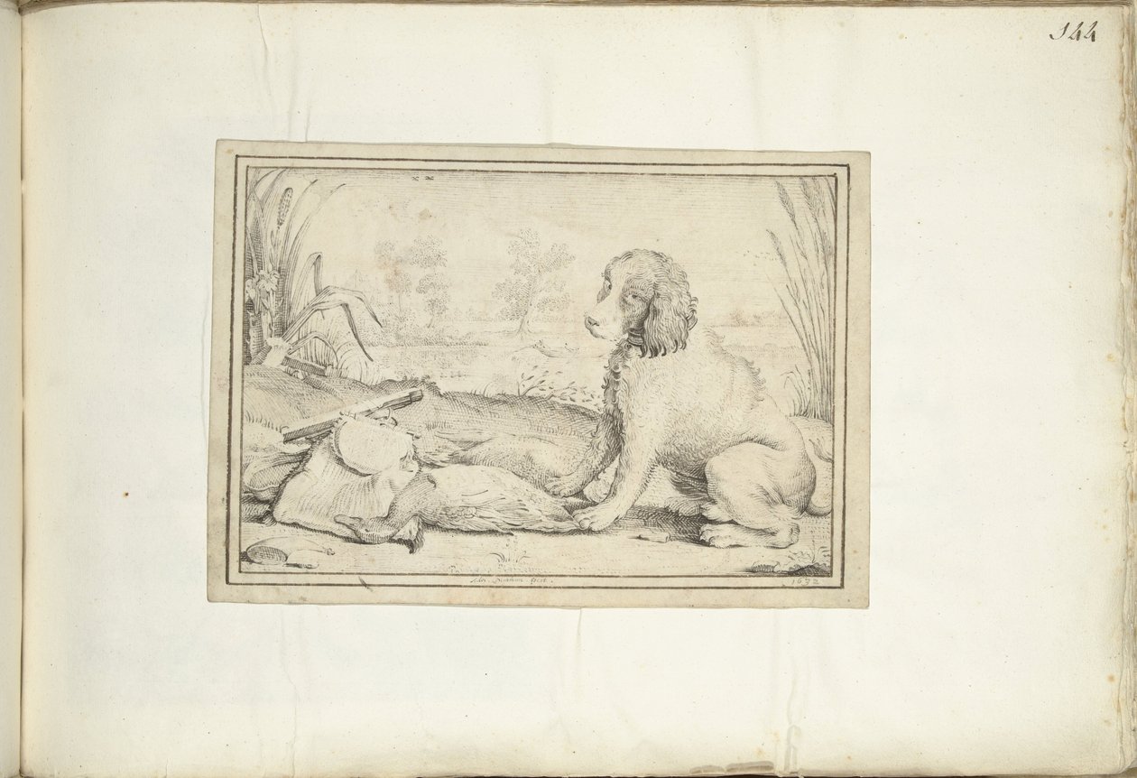 Cão ao lado de equipamento de caça e pilhagem na paisagem de Adriaen Matham (signed by artist)