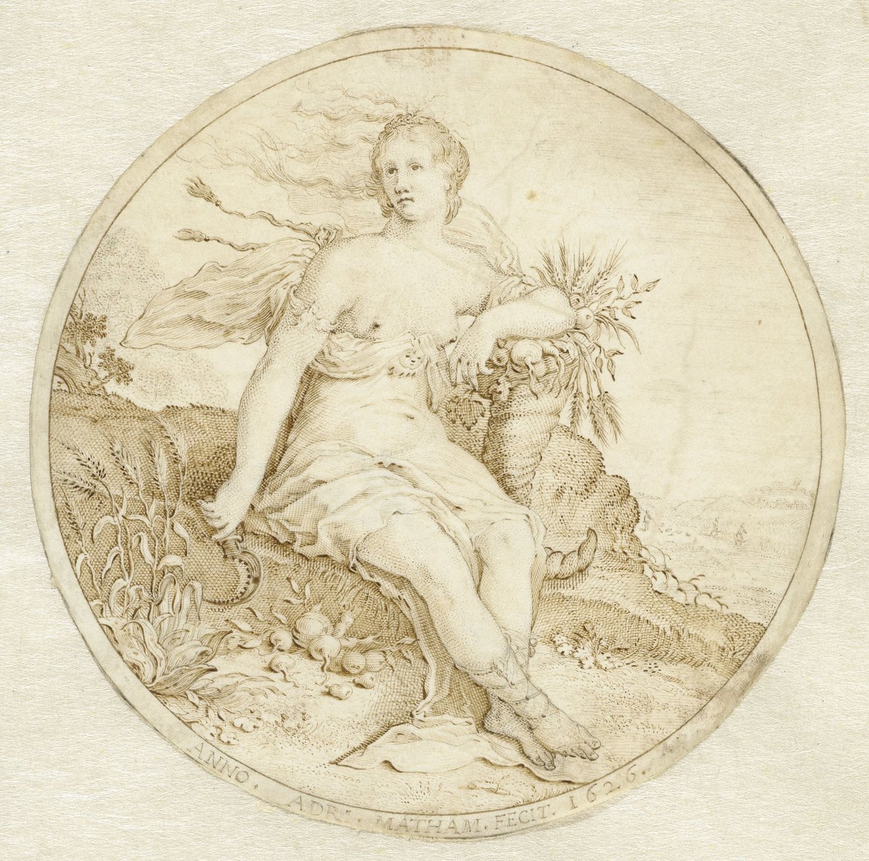 Ceres sentado com uma corneta de abundância e uma foice de Adriaen Matham