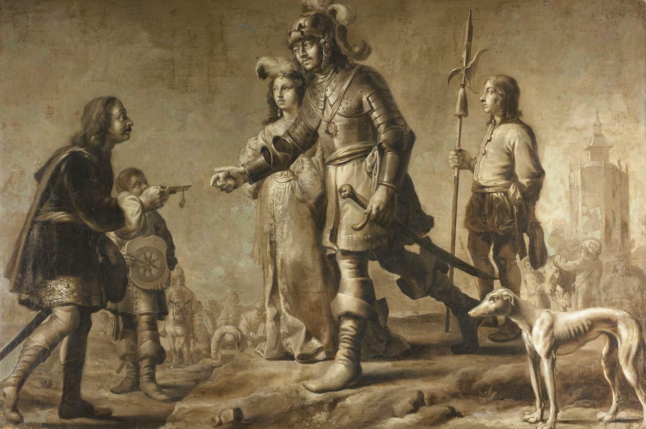 Boudewijn van Heusden (?-870) e sua esposa Sophia recebendo homenagem do legado do rei Edmund, c. 1626 de Adriaen Pietersz van de Venne (manner of)