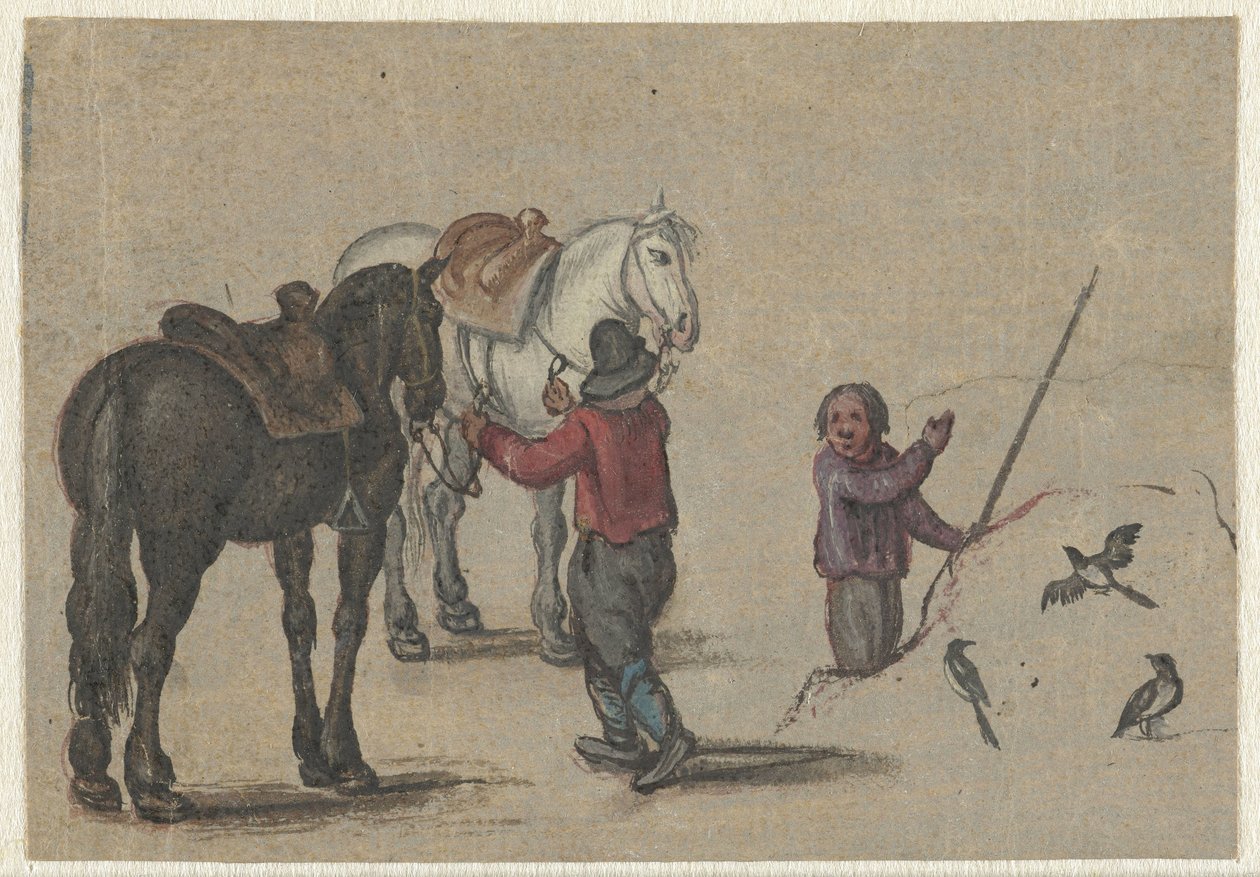 Homem com dois cavalos e um homem perto de pássaros de Adriaen Pietersz van de Venne (possibly)