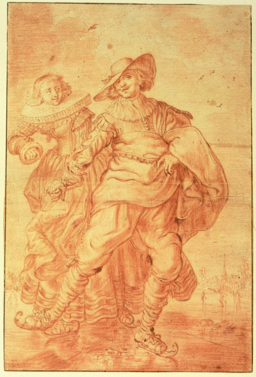 Uma senhora e cavalheiro patinando no gelo, c.1625 (giz vermelho sobre papel) de Adriaen Pietersz van de Venne
