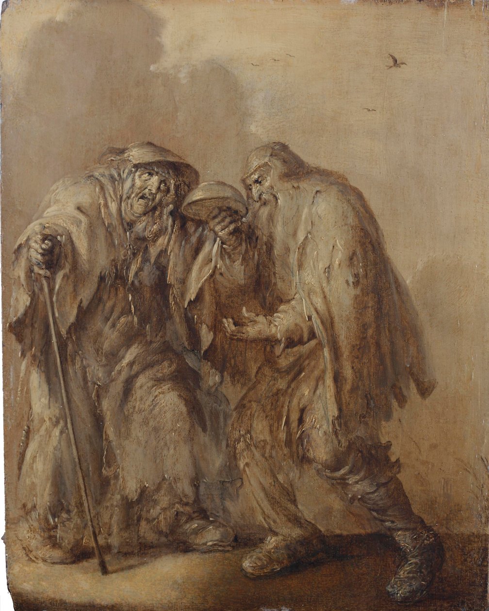 Um casal de mendigos idosos segurando uma tigela vazia virada para cima; en brunaille (óleo sobre painel) de Adriaen Pietersz. van de Venne