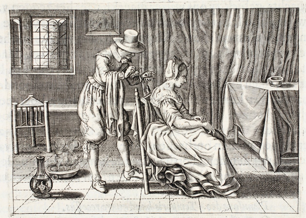 Aplicando sanguessugas, ilustração de &39;Emblema do trabalho de Zinne&39; por Johannes de Brune (1589-1658), Jan Jacobs Schipper, Amsterdã, 1661 de Adriaen Pietersz van de Venne
