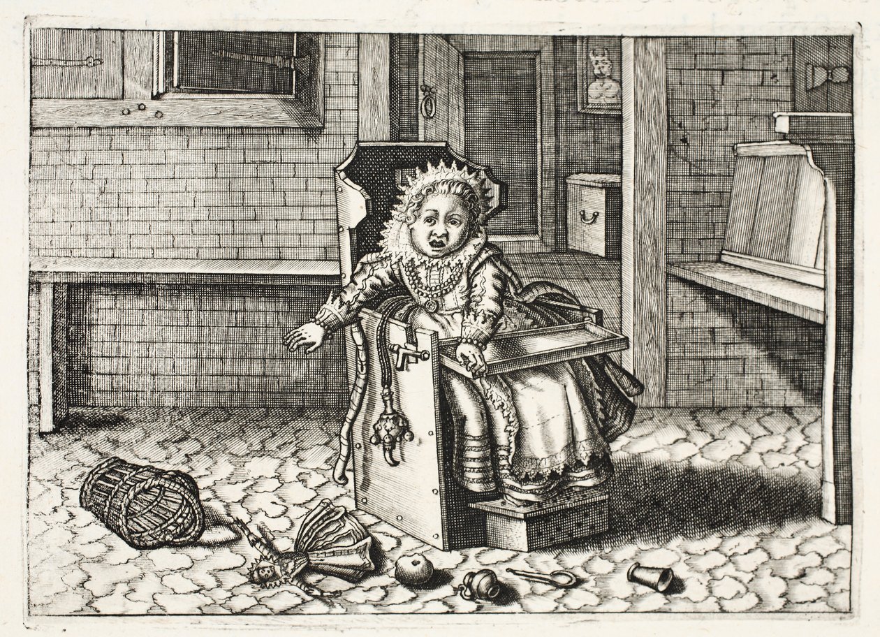 Bebê chorando por seus brinquedos, ilustração de &39;Emblemata de Zinne-werk&39; por Johannes de Brune (1589-1658), Jan Jacobs Schipper, Amsterdã, 1661 de Adriaen Pietersz van de Venne