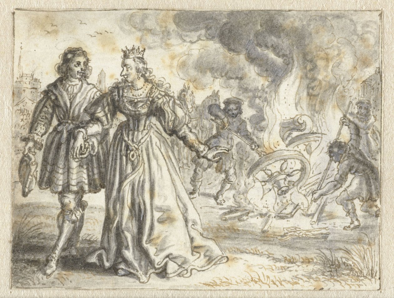 O treinador de casamento da noiva a ser queimado atrás dela de Adriaen Pietersz van de Venne