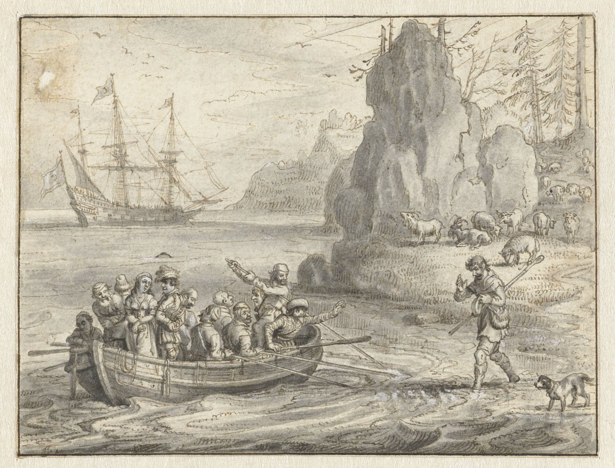 Celadon implorando aos piratas para levá-lo junto com sua esposa sequestrada, Galatea de Adriaen Pietersz van de Venne