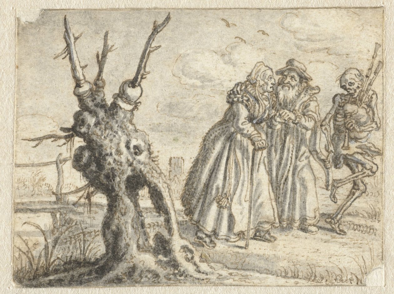 Homem e Mulher Idosos a Seguir a Morte a Tocar Gaitas de Foles de Adriaen Pietersz van de Venne