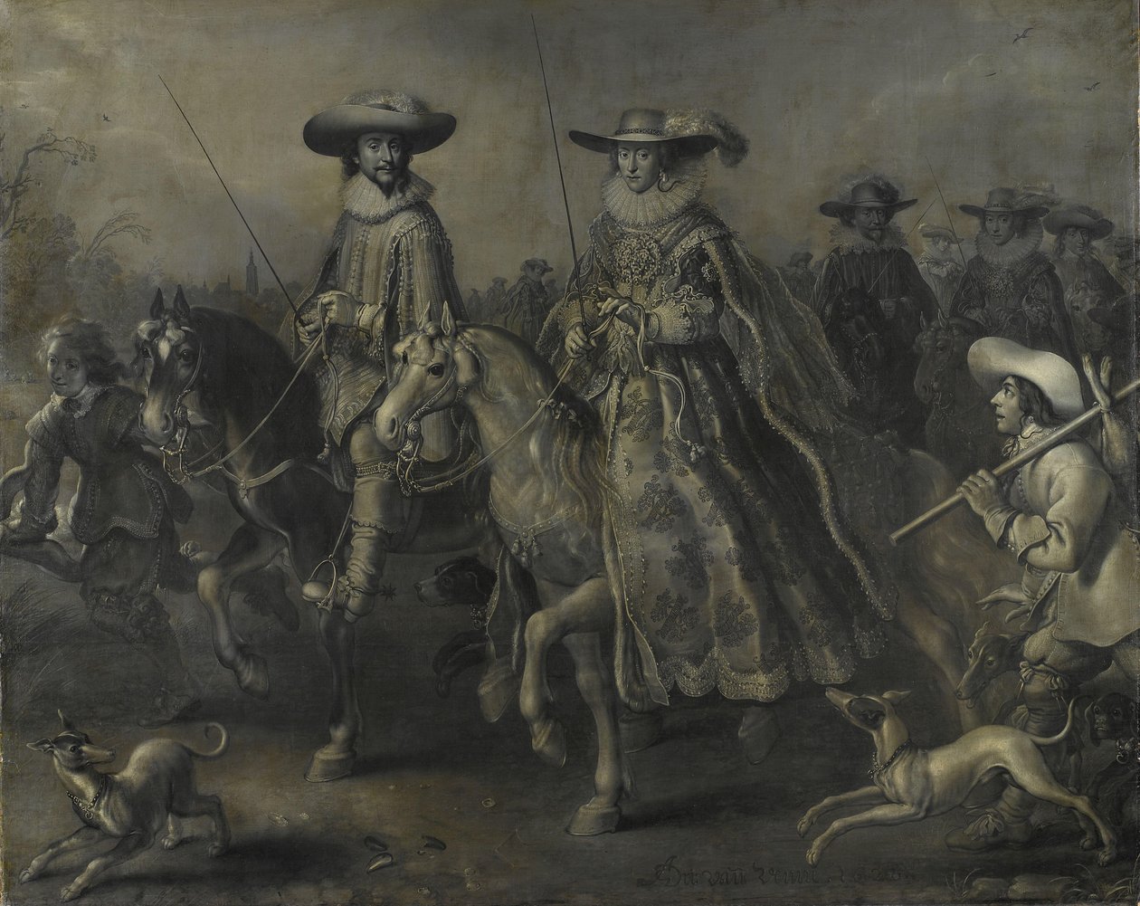 Friedrich V (1596-1632), eleitor do Palatinado, Rei da Boémia, e a sua esposa Elizabeth Stuart (1596-1662) a cavalo de Adriaen Pietersz van de Venne
