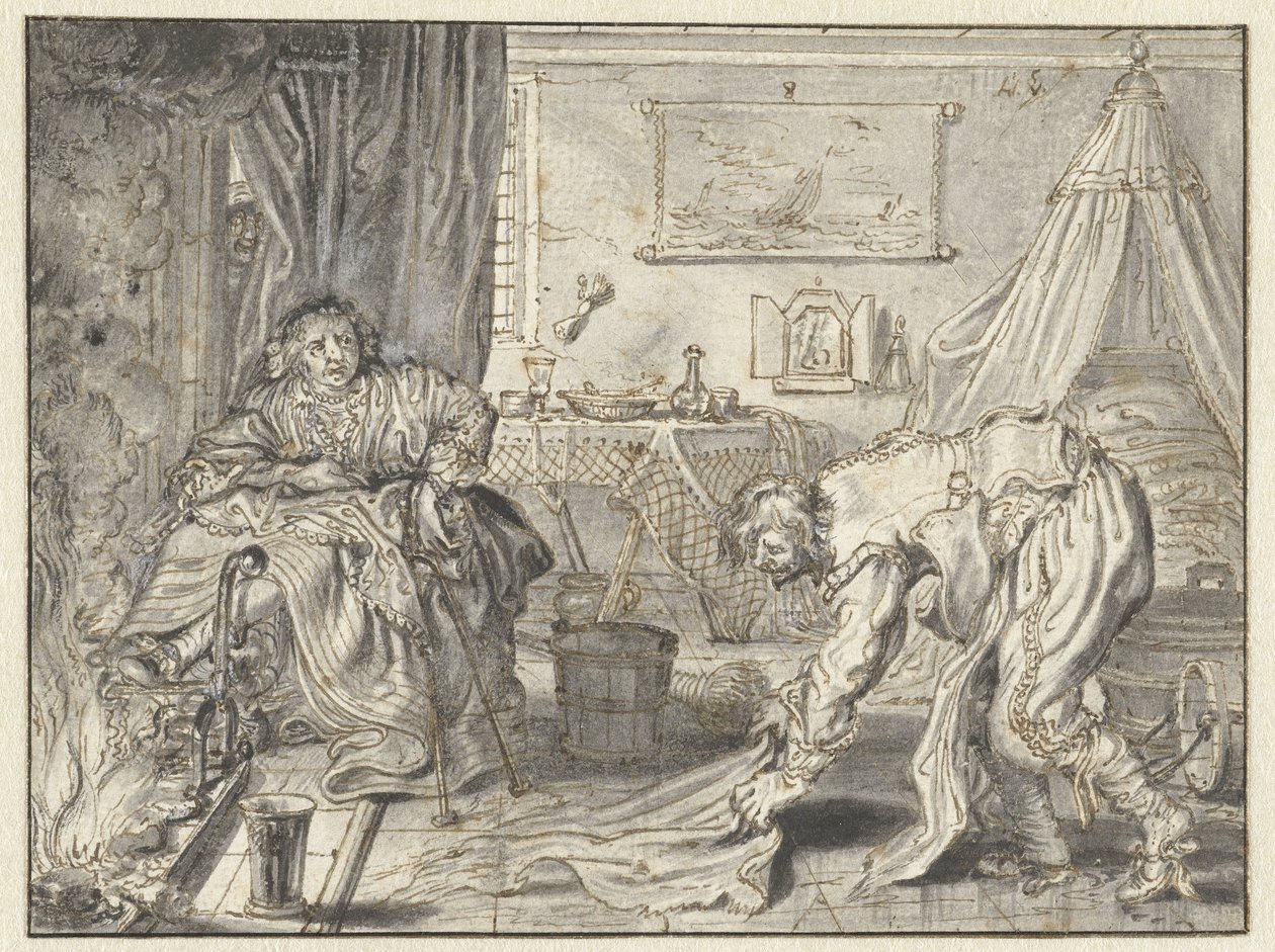 Homem limpando o chão enquanto sua esposa se senta ao lado da lareira de Adriaen Pietersz van de Venne