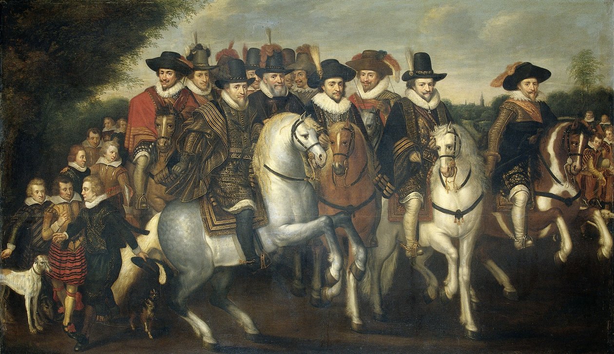 Príncipe Maurício Acompanhado por seus dois irmãos, Frederico V, Eleitor Palatino e Condes de Nassau a cavalo, c.1625 de Adriaen Pietersz van de Venne
