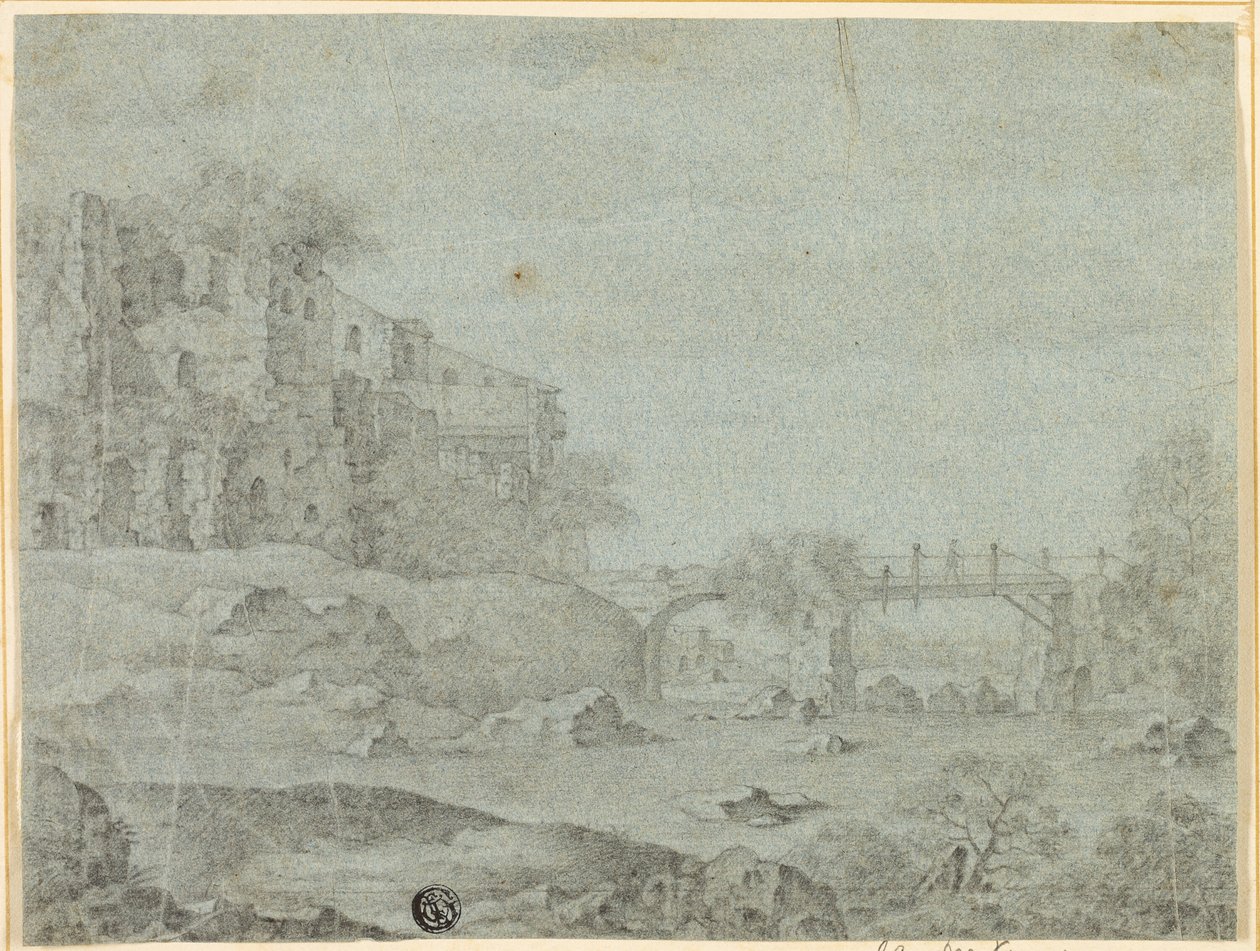 Ruínas com vista para o rio e ponte de Adriaen Pietersz. van de Venne