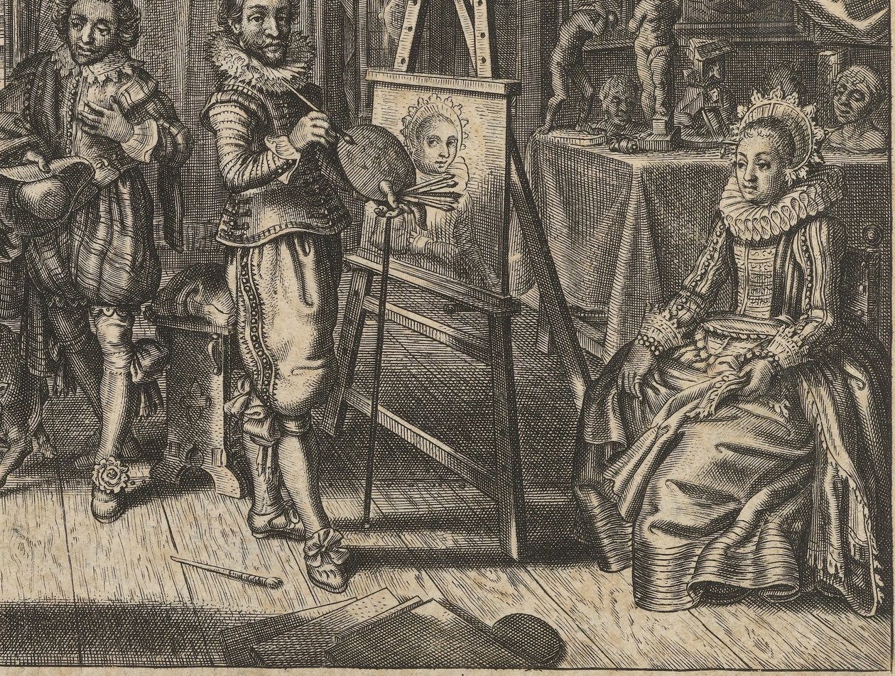Pintor e modelo feminino em estúdio Houwelyck (título da série) de Adriaen Pietersz van de Venne