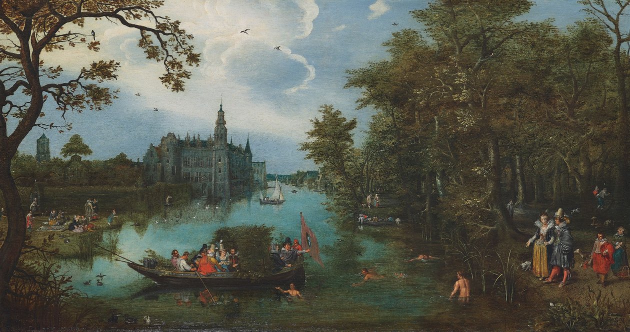 Paisagem de verão com grupo de barcos e banhistas de Adriaen Pietersz. van de Venne