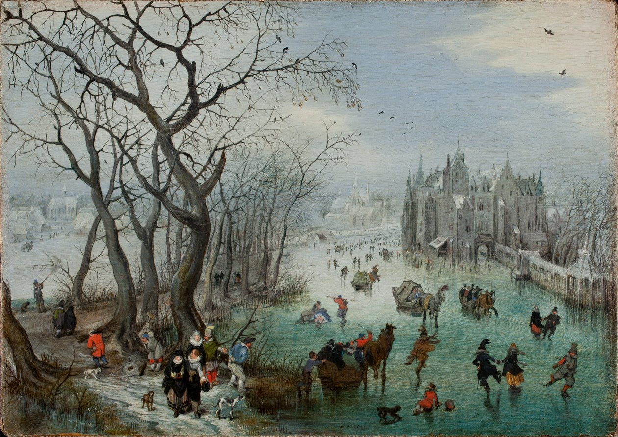 Paisagem de inverno com patinadores perto de um castelo, 1615 de Adriaen Pietersz van de Venne