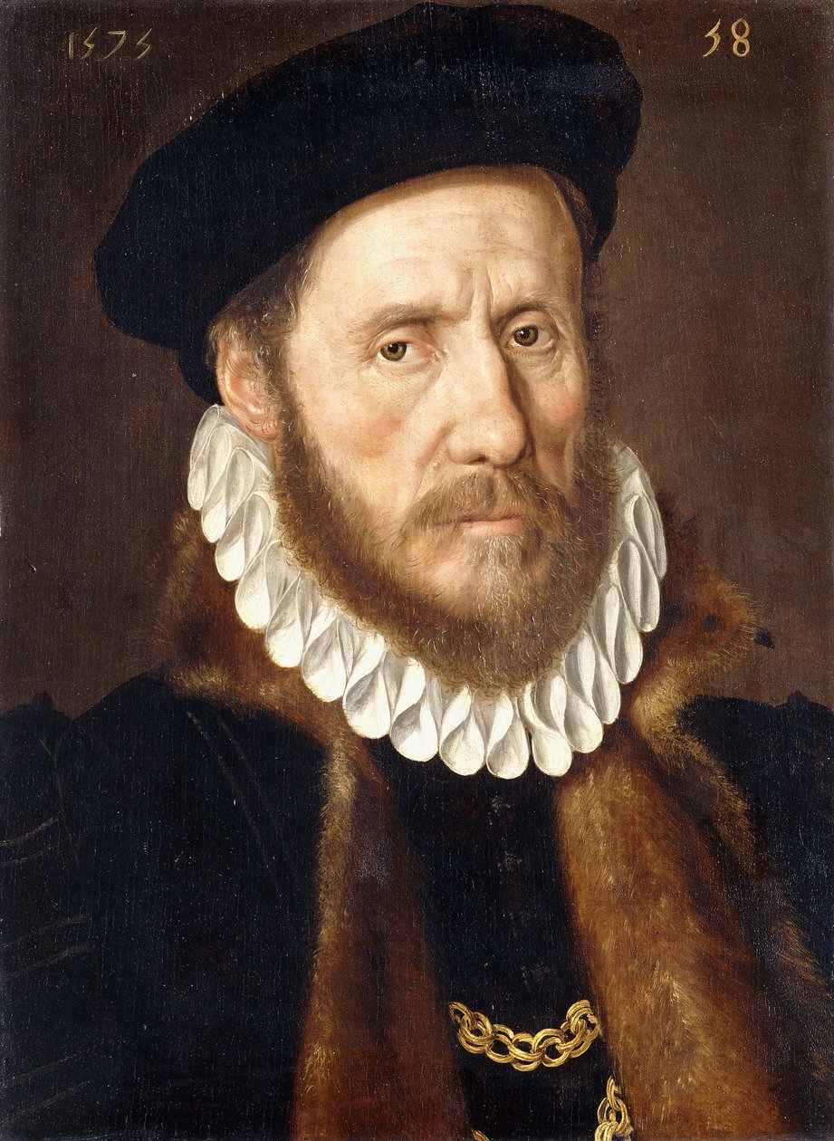 Retrato de um cavalheiro barbudo, comprimento do busto, usando correntes de ouro sob um casaco forrado de pele, 1575 de Adriaen Thomasz Key