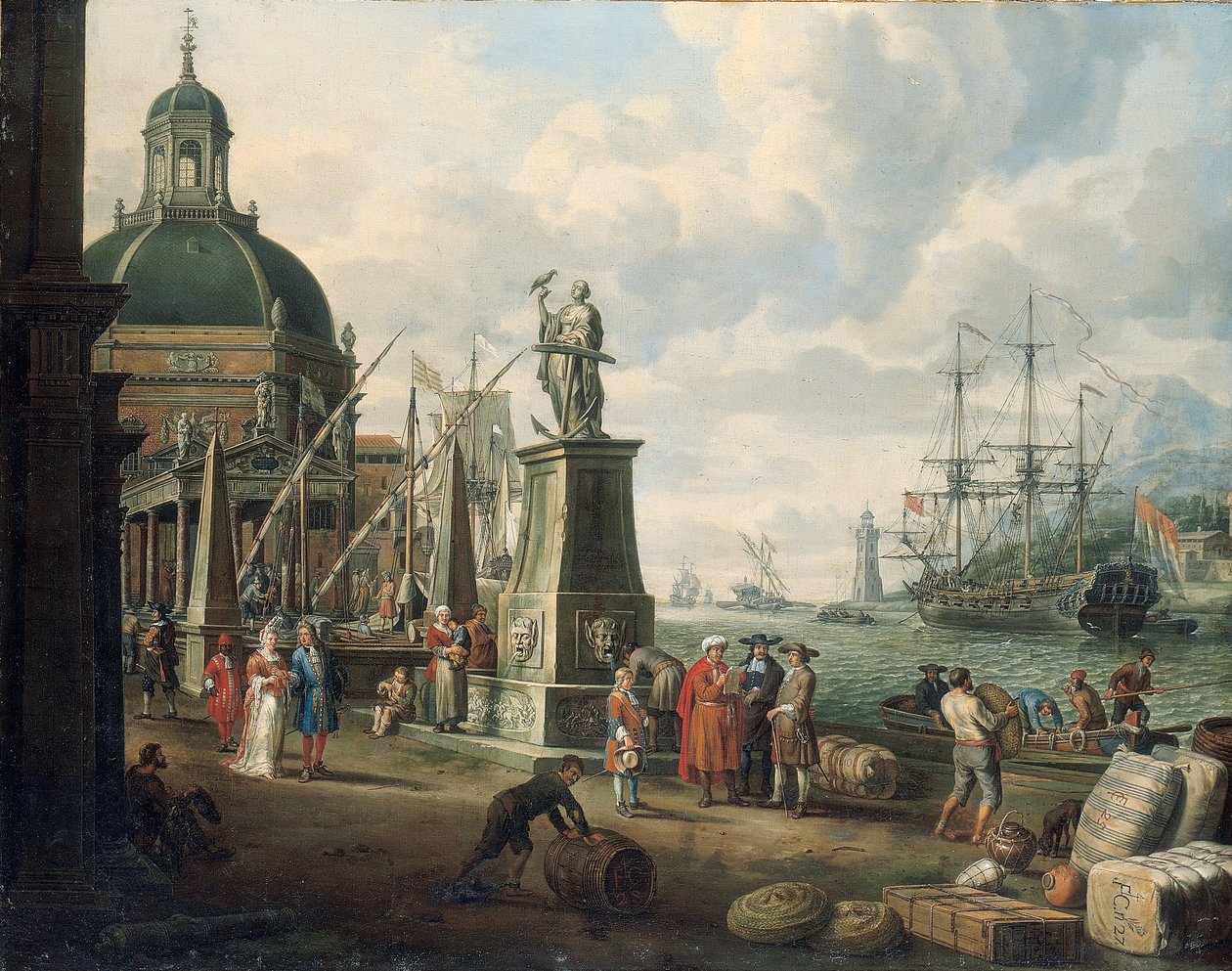 Um capricho de um porto mediterrâneo com mercadores, um casal elegante no cais, diante de uma estátua da Esperança e de uma igreja barroca, um farol, um homem-guerra holandês e outros navios além, 1700 de Adriaen Verdoel