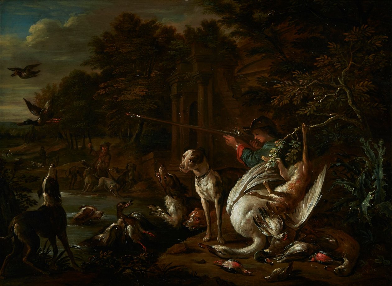 Caçador com um cisne morto à beira da água de Adriaen de Gryef