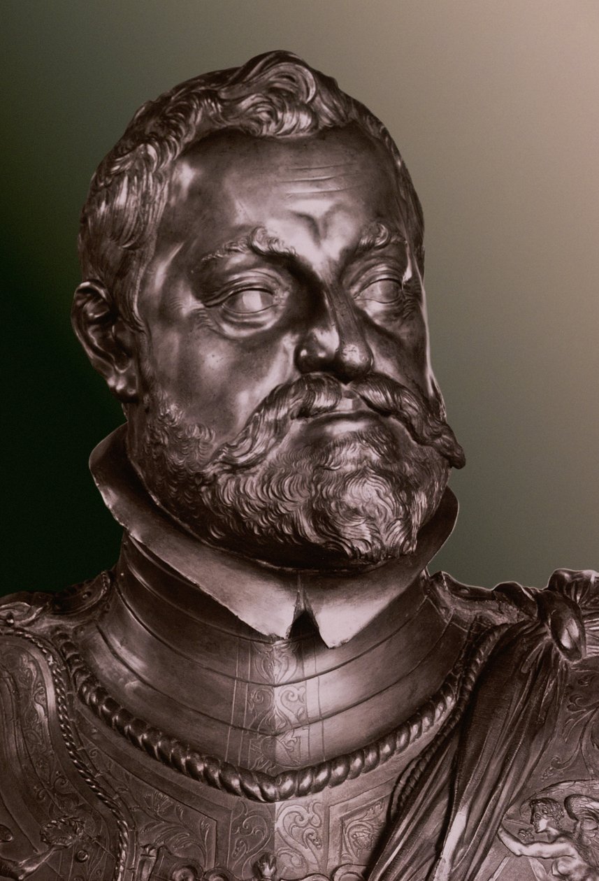 Detalhe do busto de meio comprimento do busto de Rudolph II Sacro Imperador Romano (1552-1612) de Adriaen de Vries