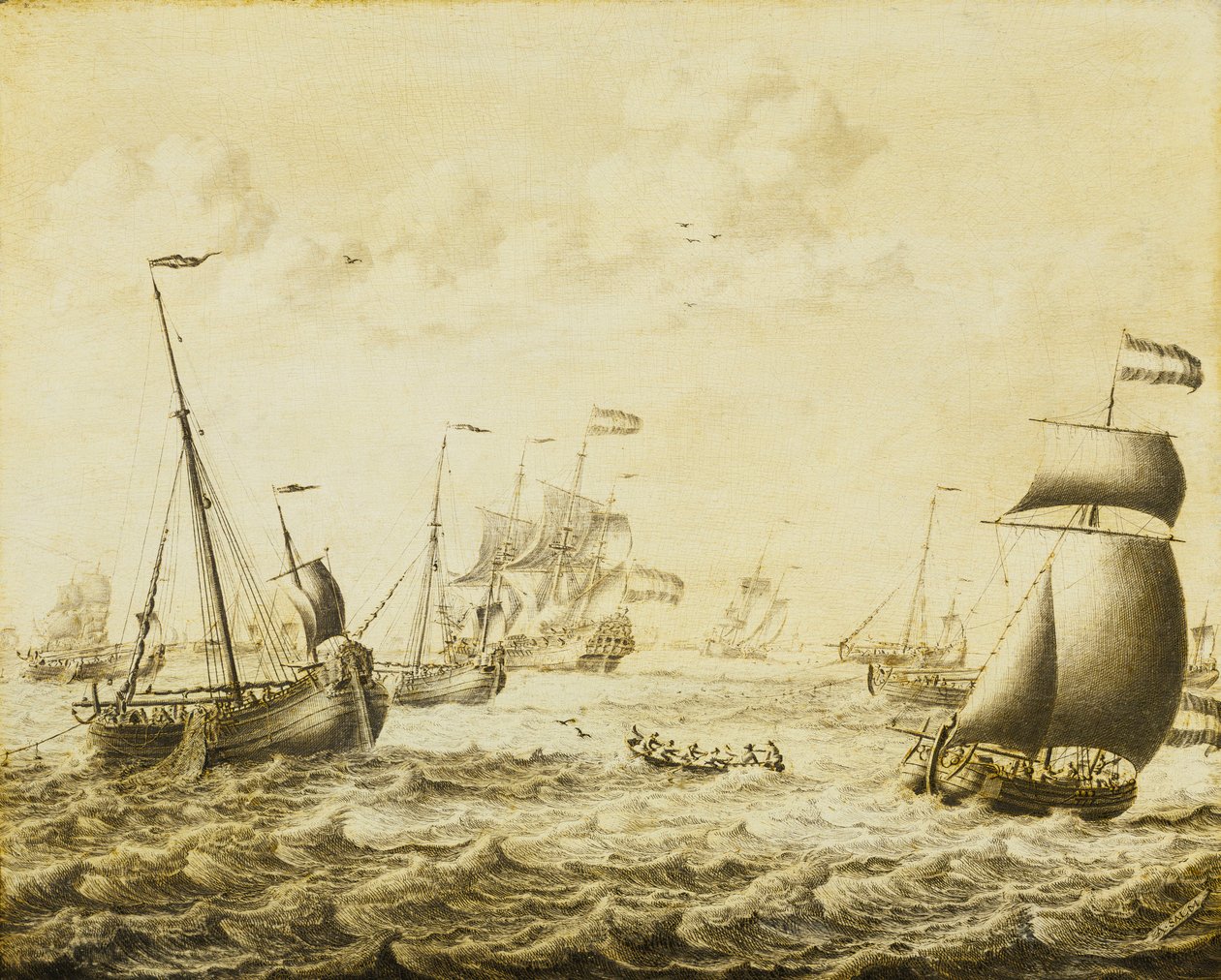 Pesca do arenque holandesa, finais do século XVII (grisaille sobre painel) de Adriaen or Abraham Salm